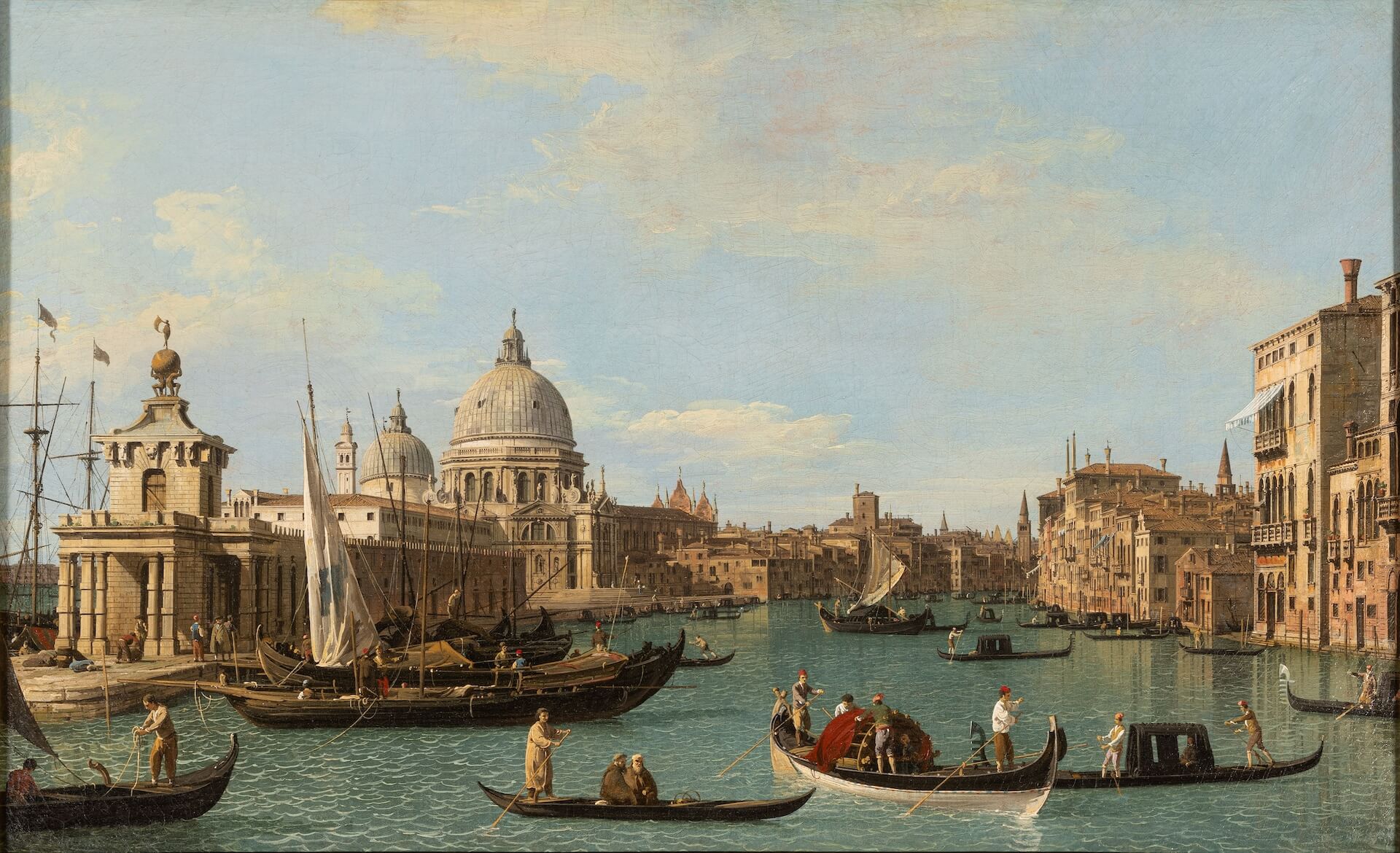 Een schilderij van Giovanni Antonio Canal, genaamd Canaletto. Een overzicht van het Canal Grande in Venetië naar het westen gezien, met de Dogana di Mare en de Santa Maria della Salute. Op de voorgrond enkele boten.